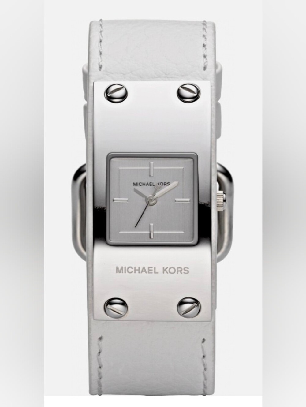Michael Kors White Leather Cuff Watch Silver Tone with Original Box